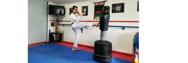 Instructor demonstrating how to hit the target in doing Front Snap Kick