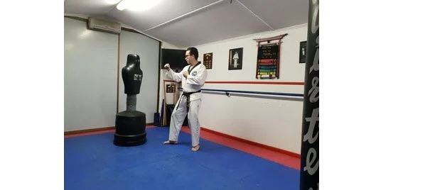 Martial artist demonstrating a front stance in a dojo.