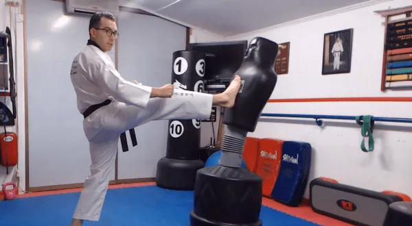 Martial artist practicing a front kick on a training dummy in a dojo.