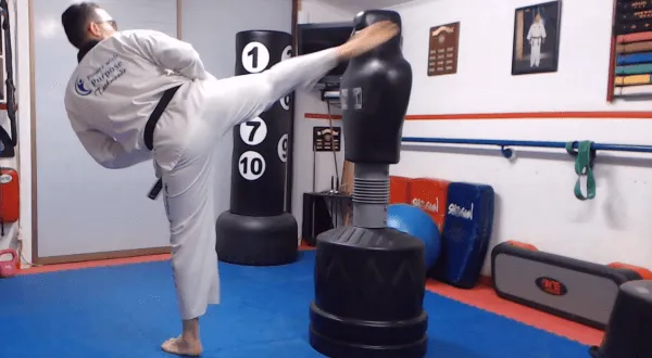 Martial artist performing a high kick on a freestanding training dummy in a dojo.