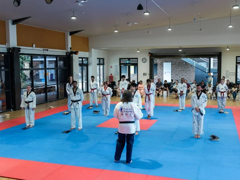 Taekwondo trainor demonstrating in front of students