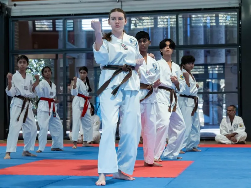 Group of children practising martial arts in a dojo, performing coordinated stances in uniform during a class