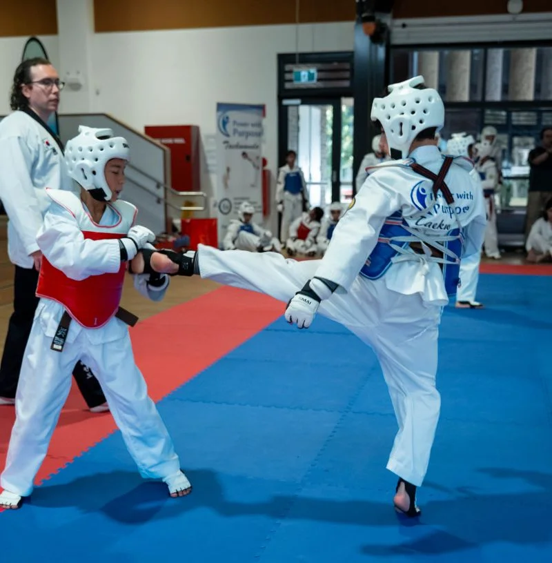 Taekwondo students wearing safety gears having a training